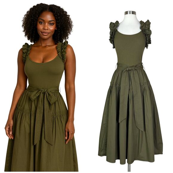 Karina Grimaldi | Rafaela Green Solid Ruffle Ribbed Revolve Tank Midi Dress  XS - mordernwear.com
